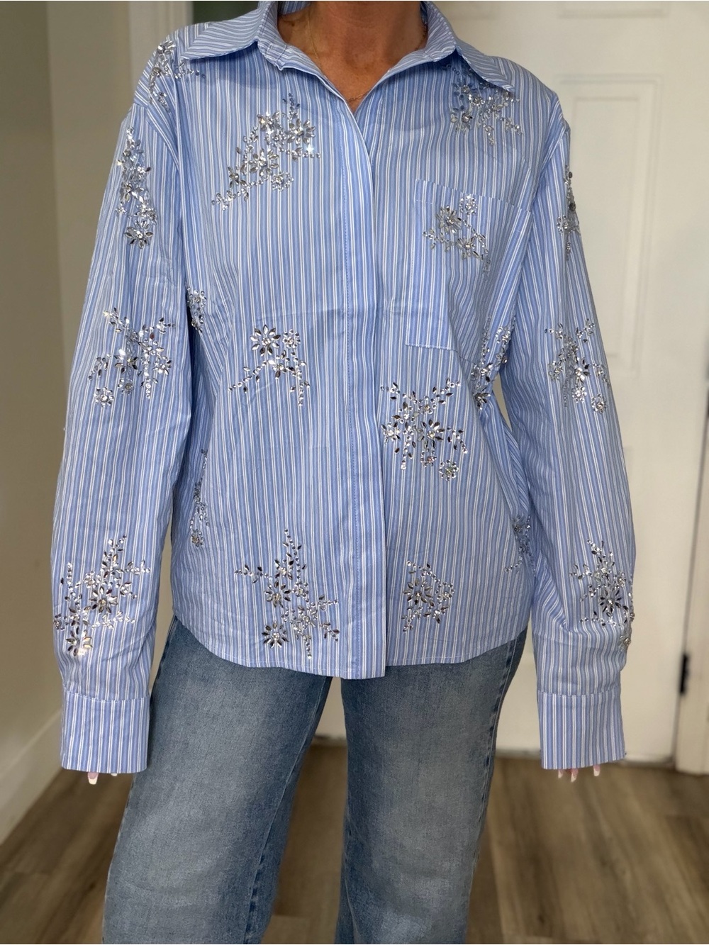 AKIRA Light Blue Striped Embellished Button-Down Shirt